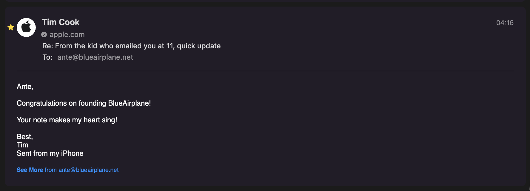Tim Cook's reply email congratulating on founding BlueAirplane